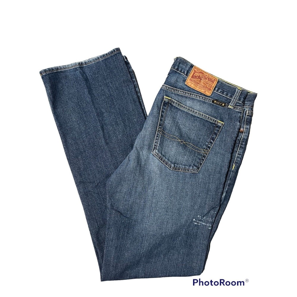 Lucky Brand Vintage Straight Leg Blue Stretch Jeans Mens Sz 34‎ Long Inseam